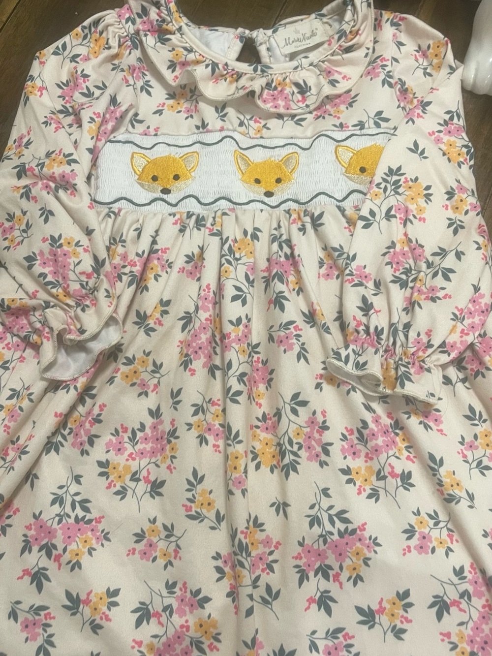 Cream Floral Long-Sleeve Smocked Top with Yellow Fox Embroidery